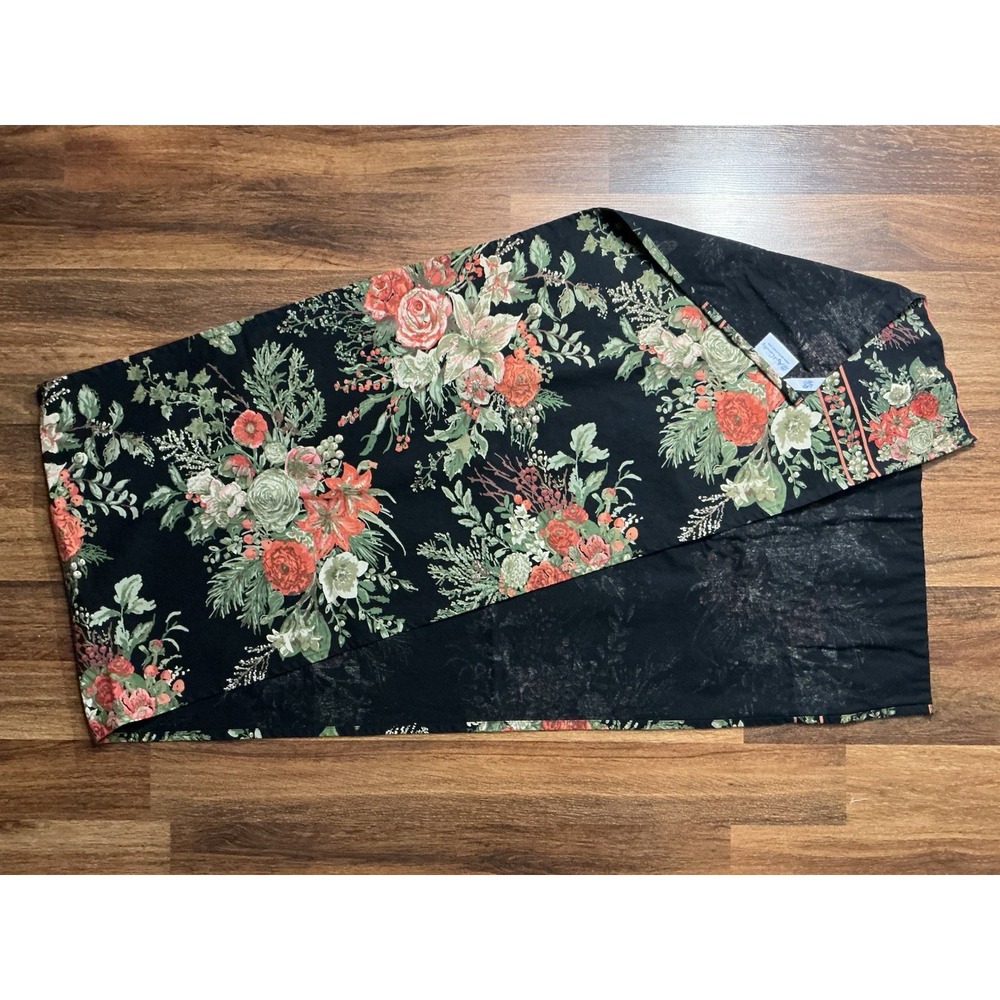 April Cornell Black Orange Green Floral 100% Cotton Table Runner 84in X 17in
